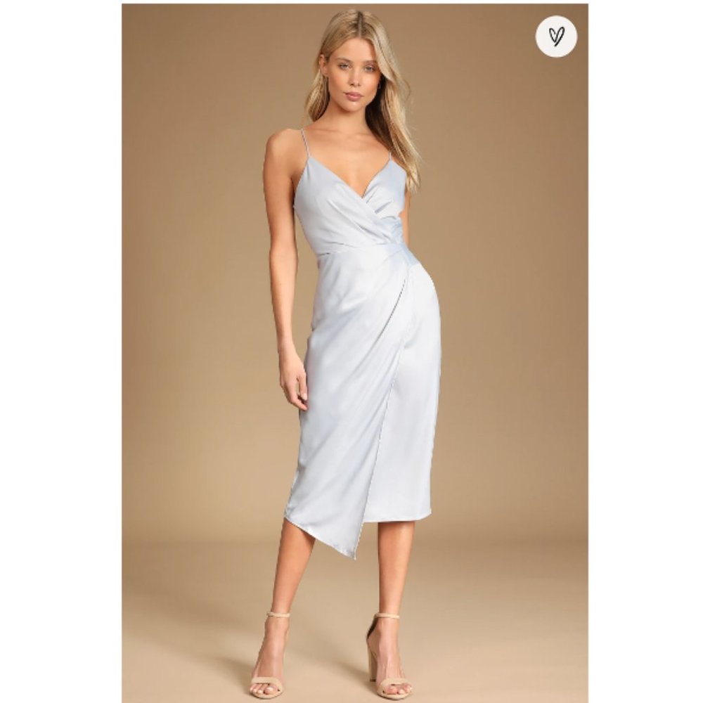 Lulus Quite Likely Light Blue Satin Asymmetrical Midi Dress